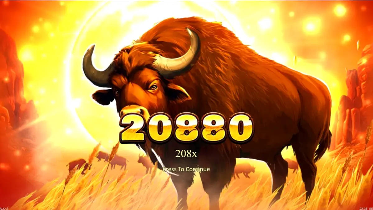 Tampilan layar permainan slot Big Wild Buffalo 2 dengan latar belakang pemandangan alam liar Amerika